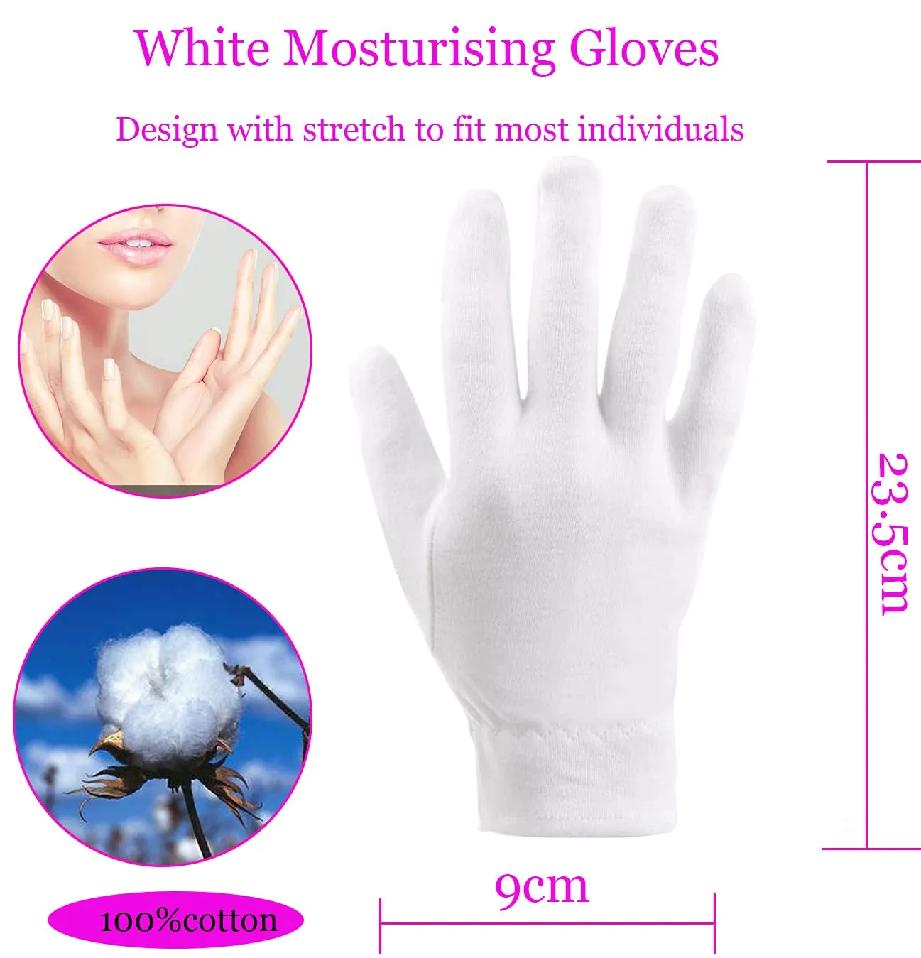 100% Cotton Gloves for Eczema,1 Pairs White Cotton Moisturizing Gloves Over Night Bedtime | Cosmetic Inspection Premium Cloth Quality | Dry Sensitive Irritated Skin Spa Therapy Secure Wristband 1 Pairs