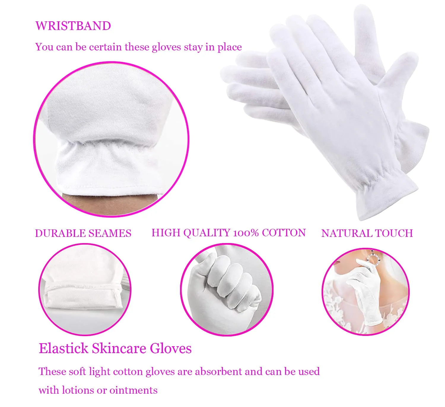 100% Cotton Gloves for Eczema,1 Pairs White Cotton Moisturizing Gloves Over Night Bedtime | Cosmetic Inspection Premium Cloth Quality | Dry Sensitive Irritated Skin Spa Therapy Secure Wristband 1 Pairs