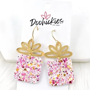 2" Gold Mirror Bow & Cotton Candy Glitter Presents -Christmas Earrings