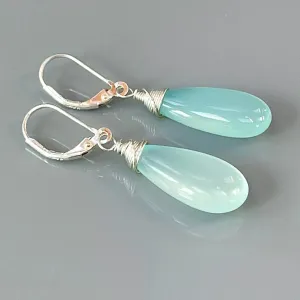 Aqua Chalcedony Earrings dangle, Long elegant spring earrings
