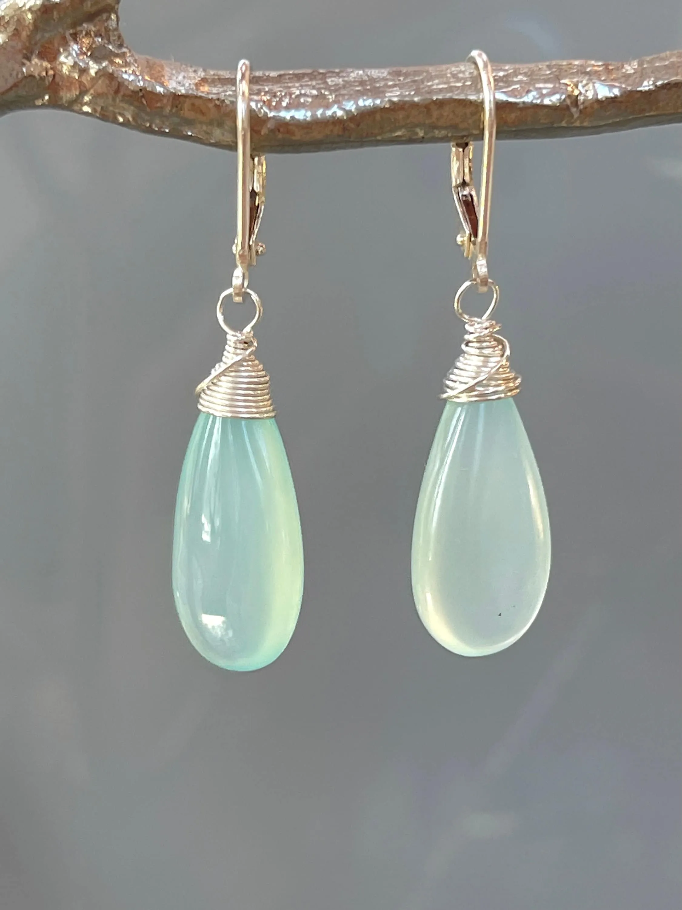 Aqua Chalcedony Earrings dangle, Long elegant spring earrings