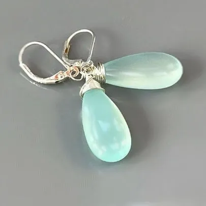 Aqua Chalcedony Earrings dangle, Long elegant spring earrings