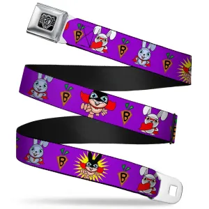 BD Wings Logo CLOSE-UP Full Color Black Silver Seatbelt Belt - Bunny Superhero Purple Webbing