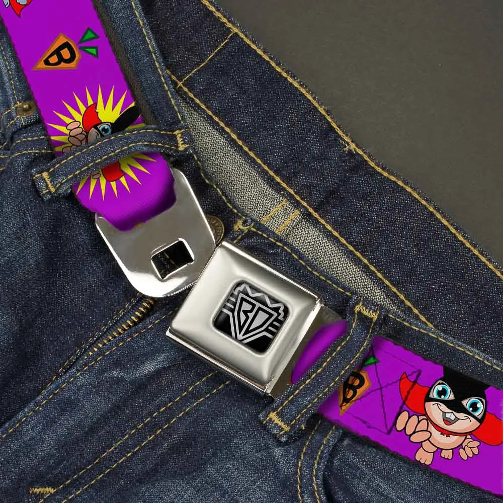 BD Wings Logo CLOSE-UP Full Color Black Silver Seatbelt Belt - Bunny Superhero Purple Webbing