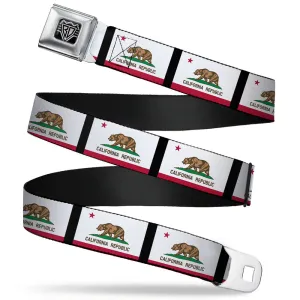 BD Wings Logo CLOSE-UP Full Color Black Silver Seatbelt Belt - California Flag Repeat/Black Webbing