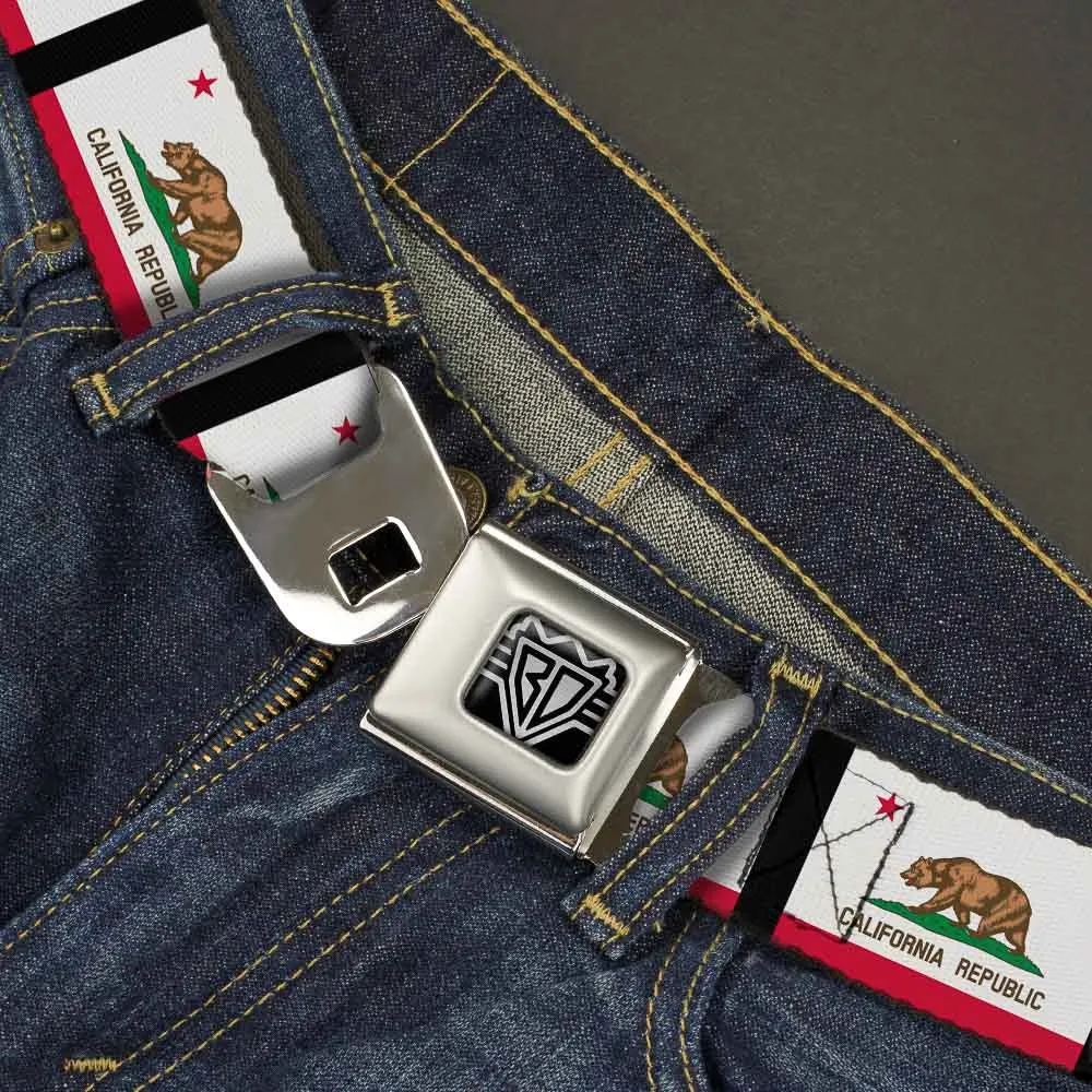 BD Wings Logo CLOSE-UP Full Color Black Silver Seatbelt Belt - California Flag Repeat/Black Webbing