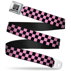 BD Wings Logo CLOSE-UP Full Color Black Silver Seatbelt Belt - Checker Black/Baby Pink Webbing