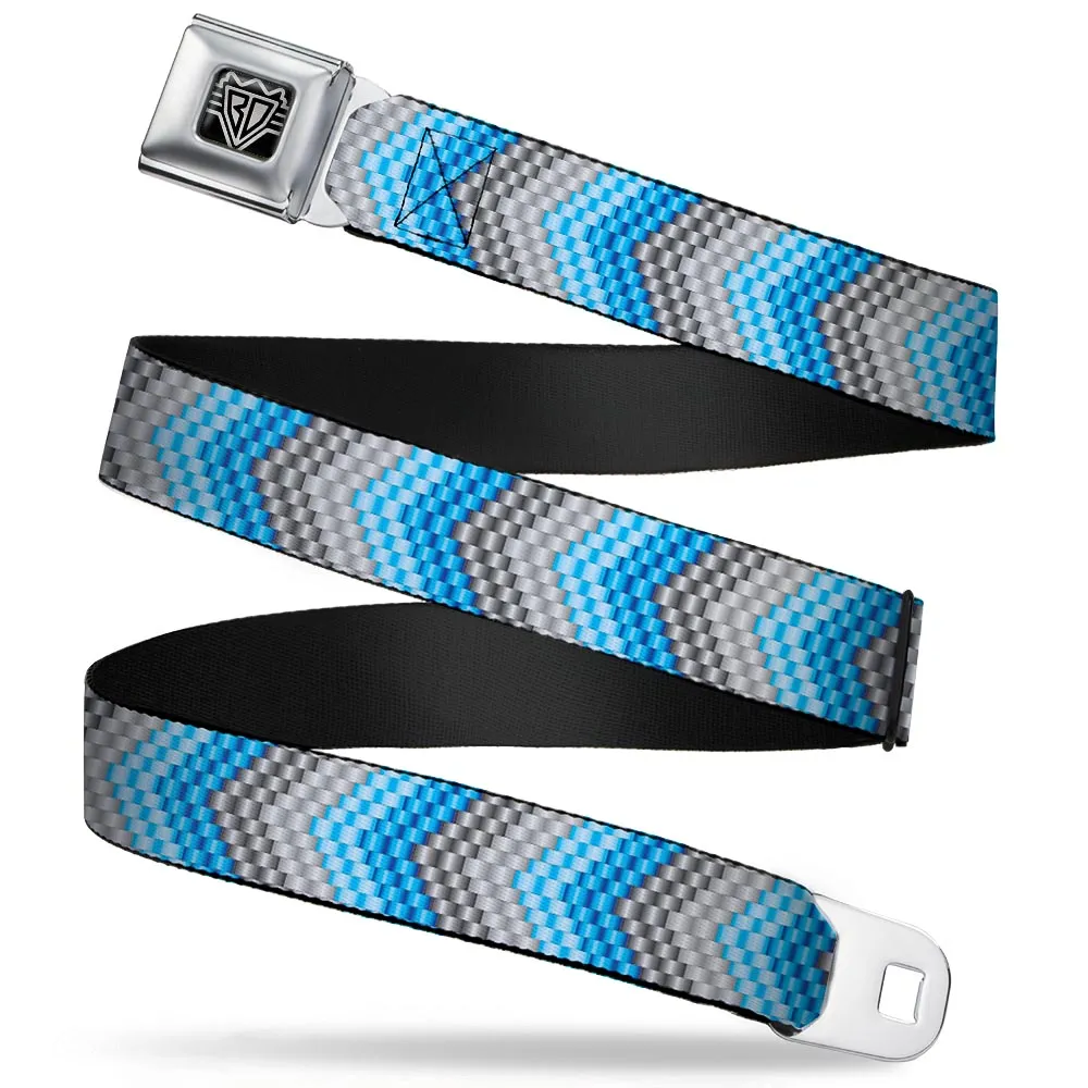 BD Wings Logo CLOSE-UP Full Color Black Silver Seatbelt Belt - Chevron Weave Grays/Blues Webbing
