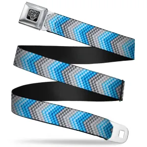 BD Wings Logo CLOSE-UP Full Color Black Silver Seatbelt Belt - Chevron Weave Grays/Blues Webbing