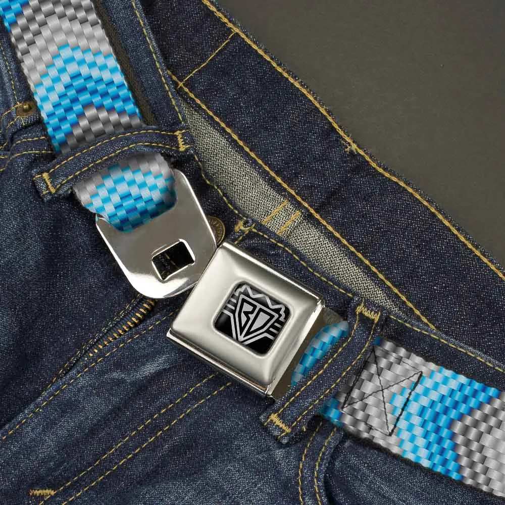 BD Wings Logo CLOSE-UP Full Color Black Silver Seatbelt Belt - Chevron Weave Grays/Blues Webbing