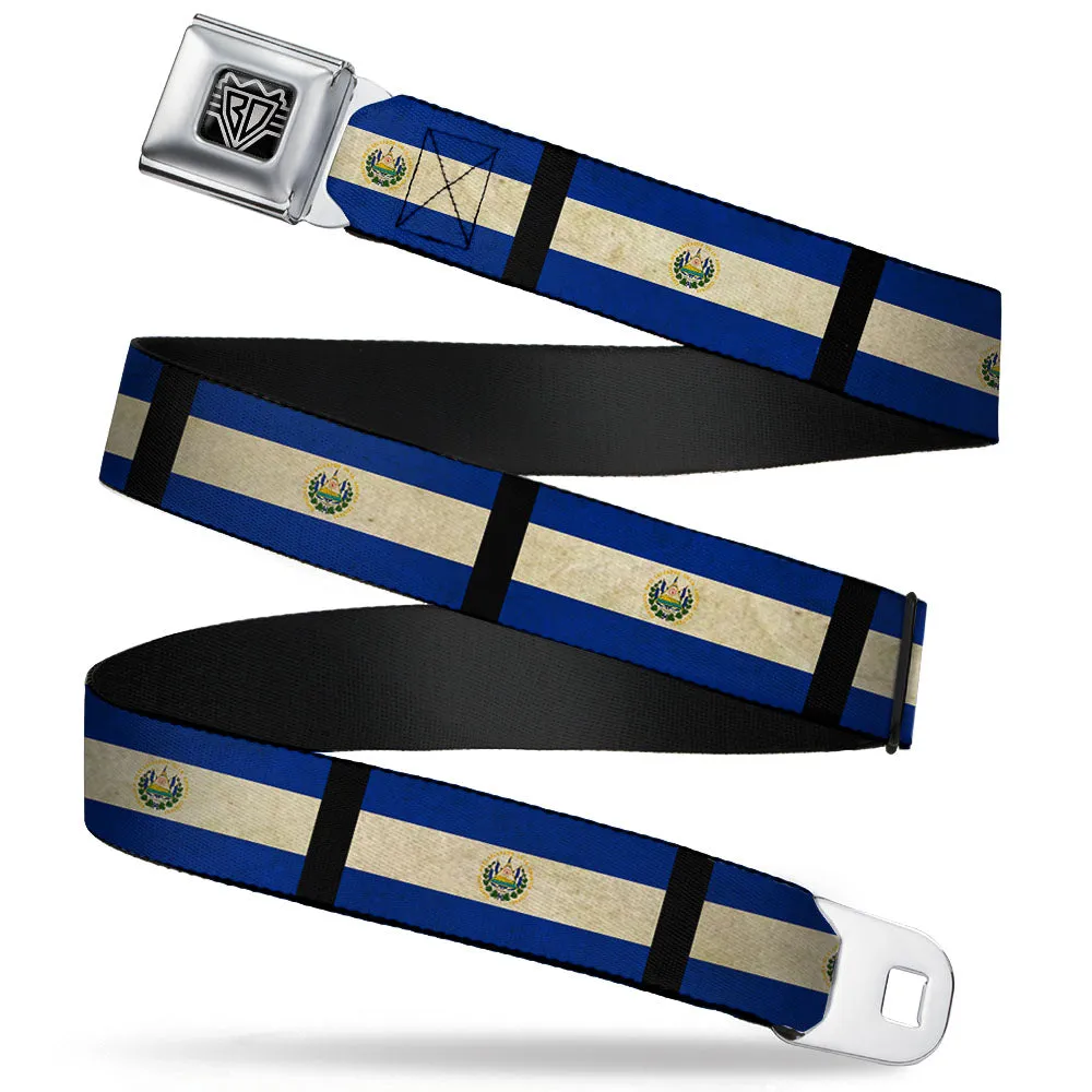 BD Wings Logo CLOSE-UP Full Color Black Silver Seatbelt Belt - El Salvador Flag/Black Webbing