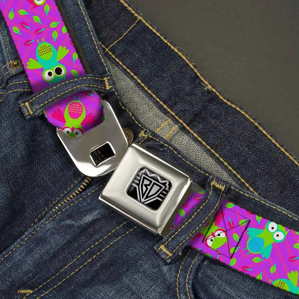 BD Wings Logo CLOSE-UP Full Color Black Silver Seatbelt Belt - Flying Owls w/Leaves Purple/Multi Color Webbing