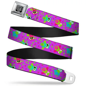 BD Wings Logo CLOSE-UP Full Color Black Silver Seatbelt Belt - Flying Owls w/Leaves Purple/Multi Color Webbing