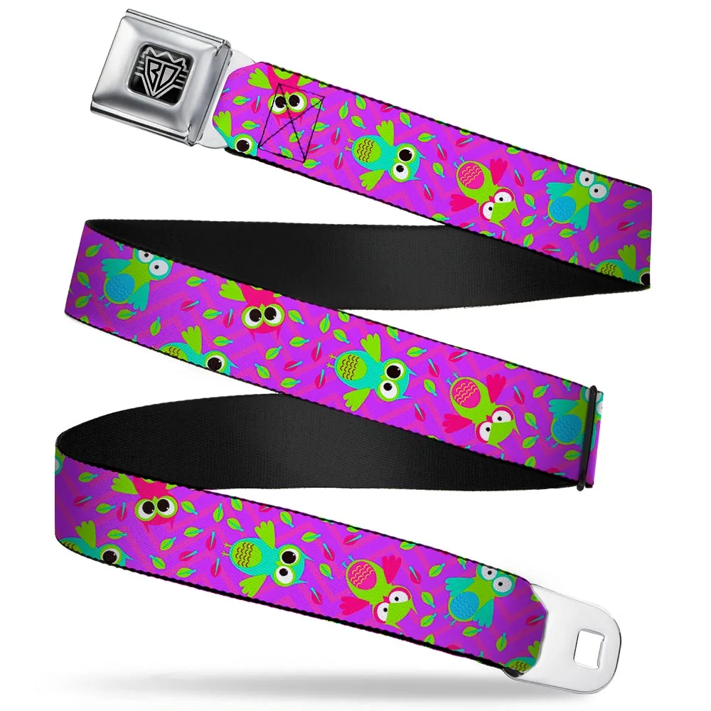 BD Wings Logo CLOSE-UP Full Color Black Silver Seatbelt Belt - Flying Owls w/Leaves Purple/Multi Color Webbing