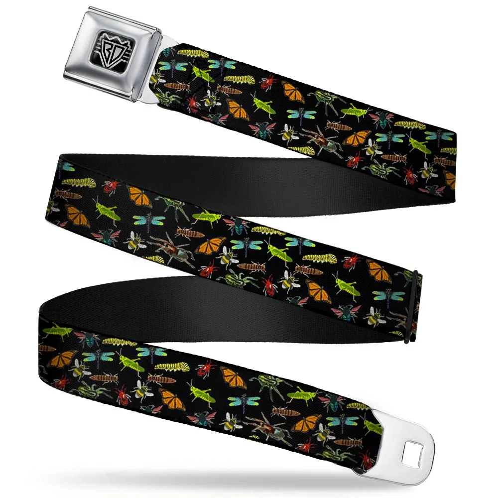 BD Wings Logo CLOSE-UP Full Color Black Silver Seatbelt Belt - Insects Scattered Black Webbing