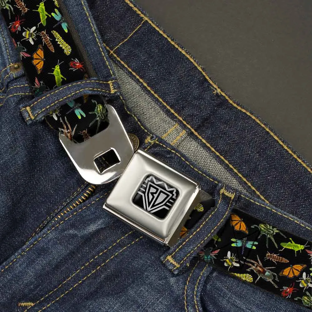 BD Wings Logo CLOSE-UP Full Color Black Silver Seatbelt Belt - Insects Scattered Black Webbing