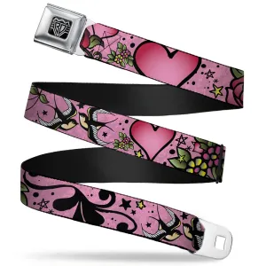 BD Wings Logo CLOSE-UP Full Color Black Silver Seatbelt Belt - Mom & Dad CLOSE-UP Pink w/Sparrows Webbing