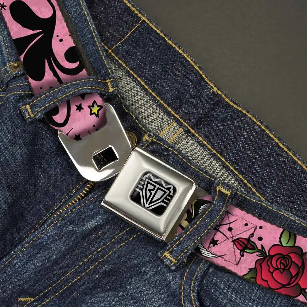 BD Wings Logo CLOSE-UP Full Color Black Silver Seatbelt Belt - Mom & Dad CLOSE-UP Pink w/Sparrows Webbing