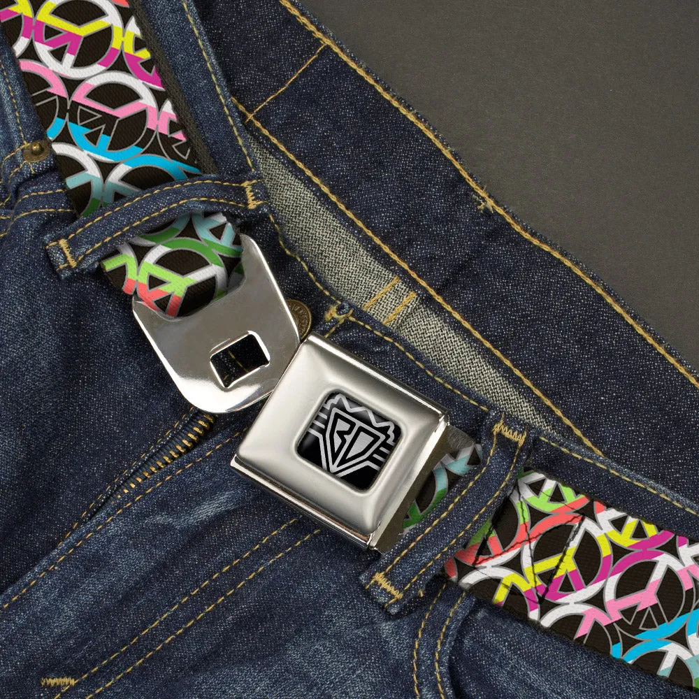 BD Wings Logo CLOSE-UP Full Color Black Silver Seatbelt Belt - Peace Black/Multi Stripes Webbing