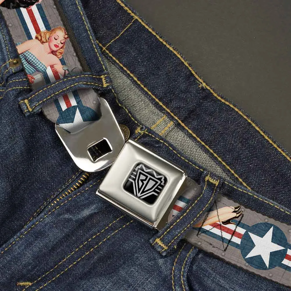 BD Wings Logo CLOSE-UP Full Color Black Silver Seatbelt Belt - Pin Up Girl Poses CLOSE-UP Star & Stripes Gray/Blue/White/Red Webbing
