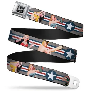 BD Wings Logo CLOSE-UP Full Color Black Silver Seatbelt Belt - Pin Up Girl Poses CLOSE-UP Star & Stripes Gray/Blue/White/Red Webbing