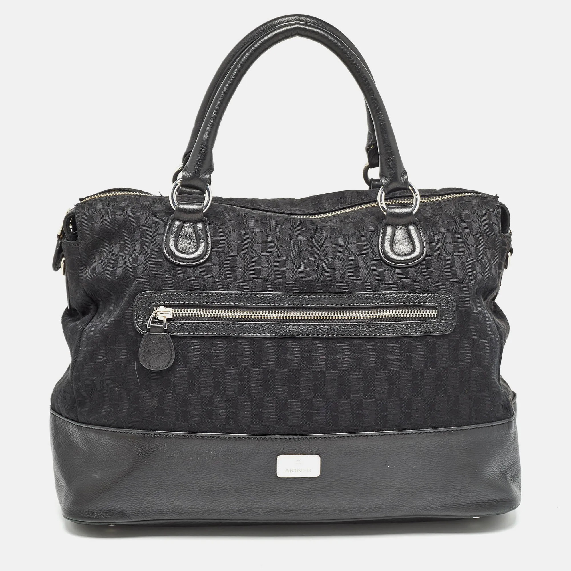 Black Monogram Canvas and Leather Front Pocket Tote