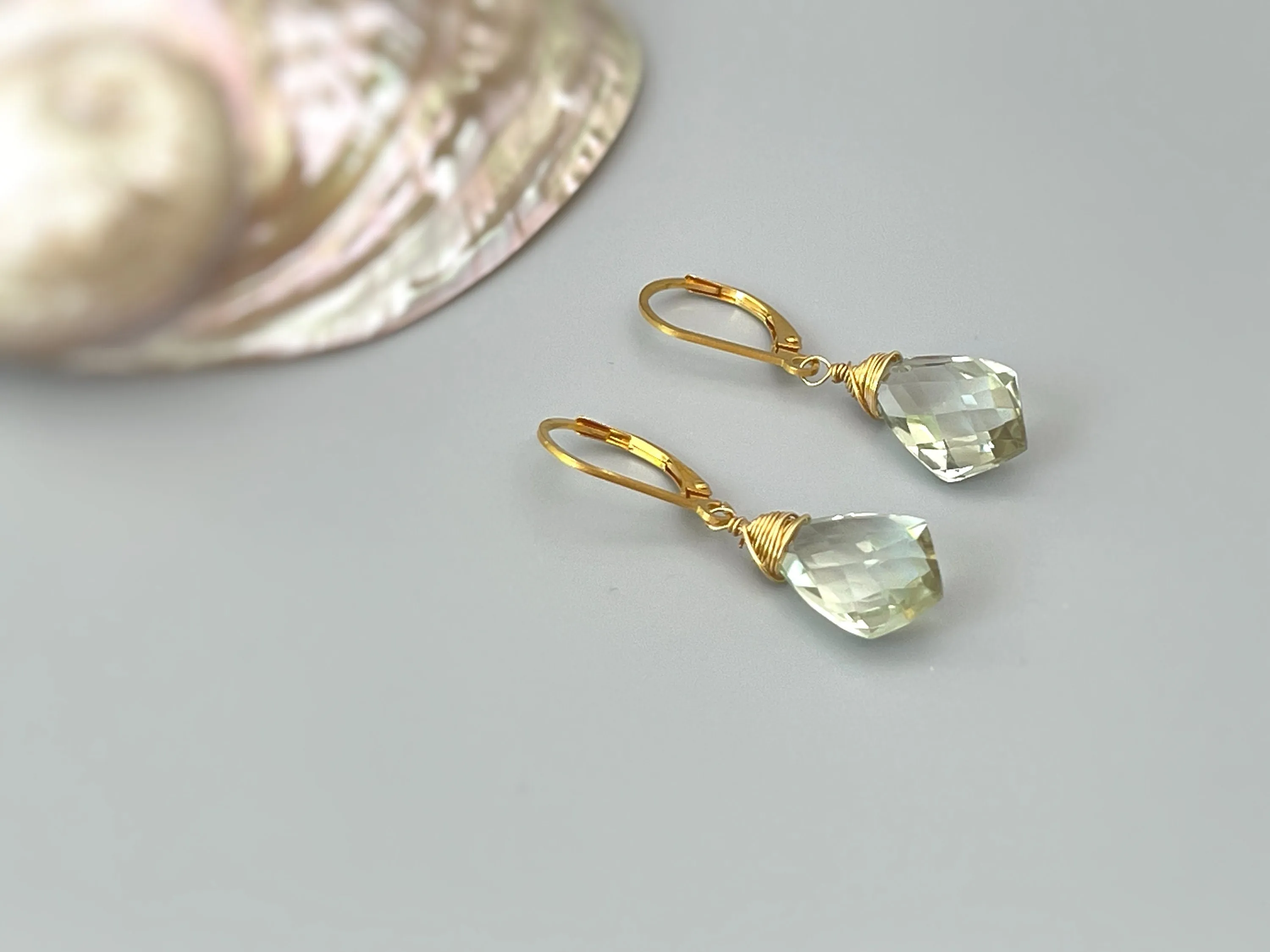 Green Amethyst earrings Prasiolite Gold Gemstone drop earrings