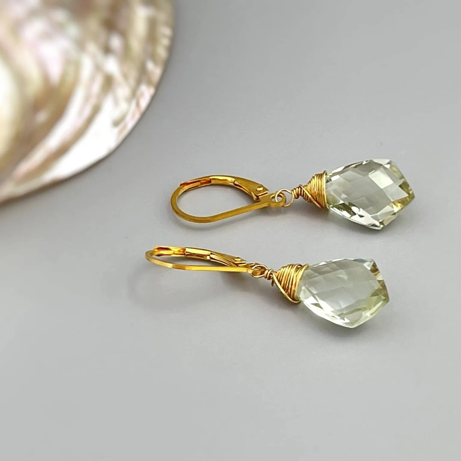 Green Amethyst earrings Prasiolite Gold Gemstone drop earrings