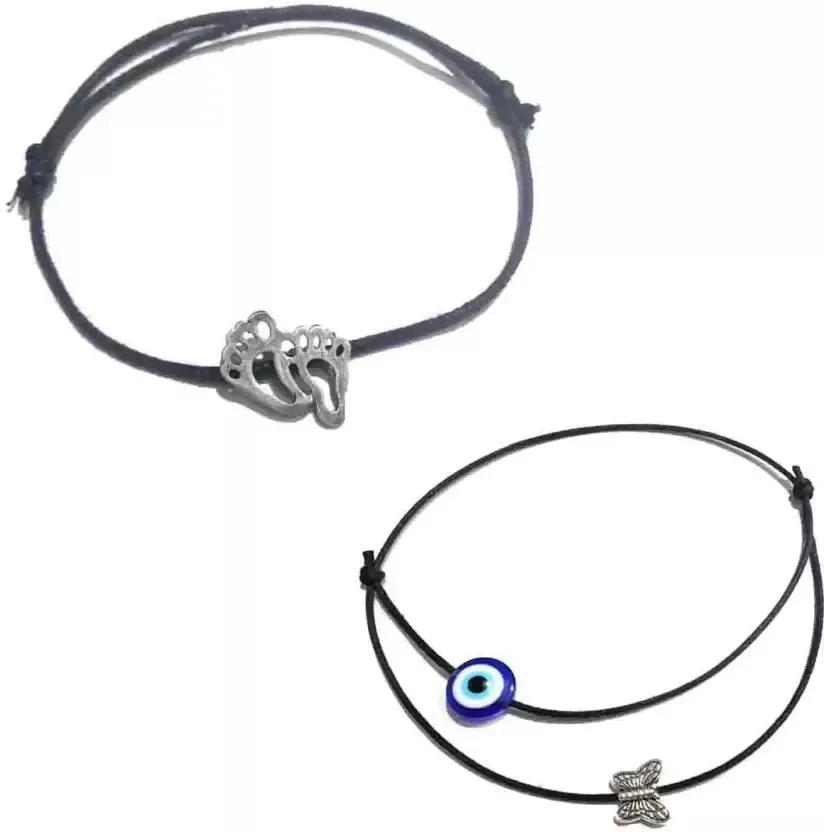 Gurjari Jewellers Adjustable Black Thread Anklet Feet & (EvilEye Buterfly) Cotton Dori Anklet (Pack of 2)