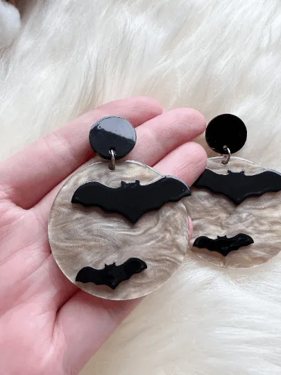 Halloween earrings | creepy bat blood moon earrings | glitter acetate lightweight fun party earrings | halloween night