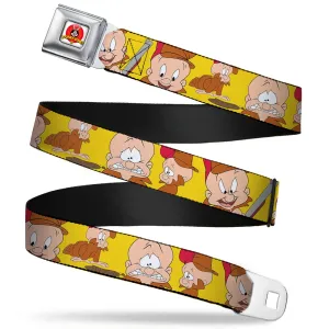 Looney Tunes Logo Full Color White Seatbelt Belt - Elmer Fudd Expressions Yellow Webbing