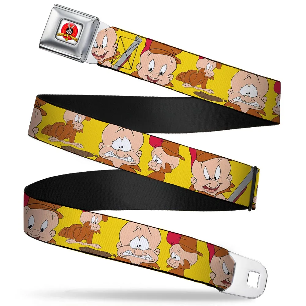 Looney Tunes Logo Full Color White Seatbelt Belt - Elmer Fudd Expressions Yellow Webbing