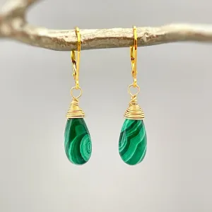 Malachite Earrings Gold dangle, Boho Smooth Green gemstone 14k Gold silver Rose Gold dangly handmade Birthstone artisan jewelry for women