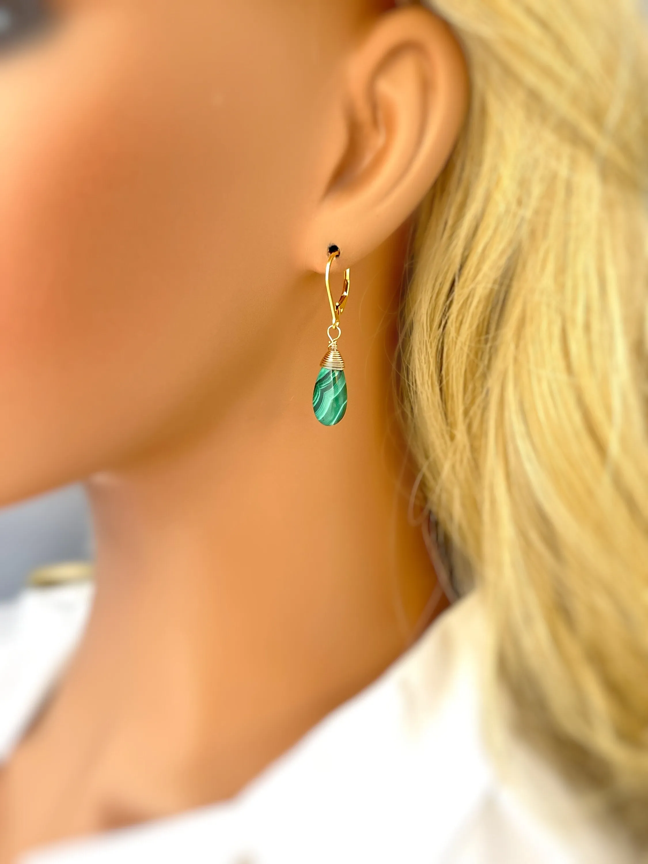 Malachite Earrings Gold dangle, Boho Smooth Green gemstone 14k Gold silver Rose Gold dangly handmade Birthstone artisan jewelry for women