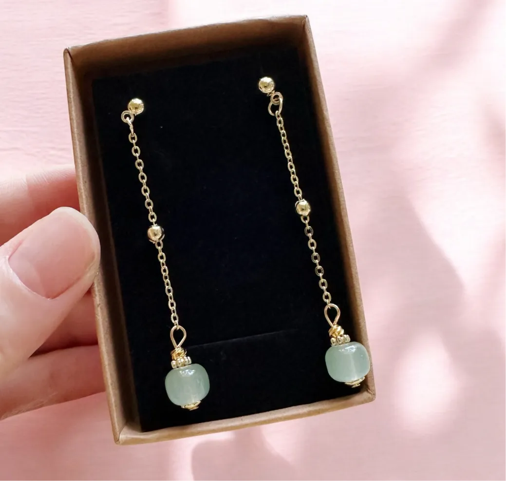 Minimalist - Gold statement earrings with pearl and stone |dangle pearl drop earrings | translucent green stone drop earrings | Korean dangly beads earrings