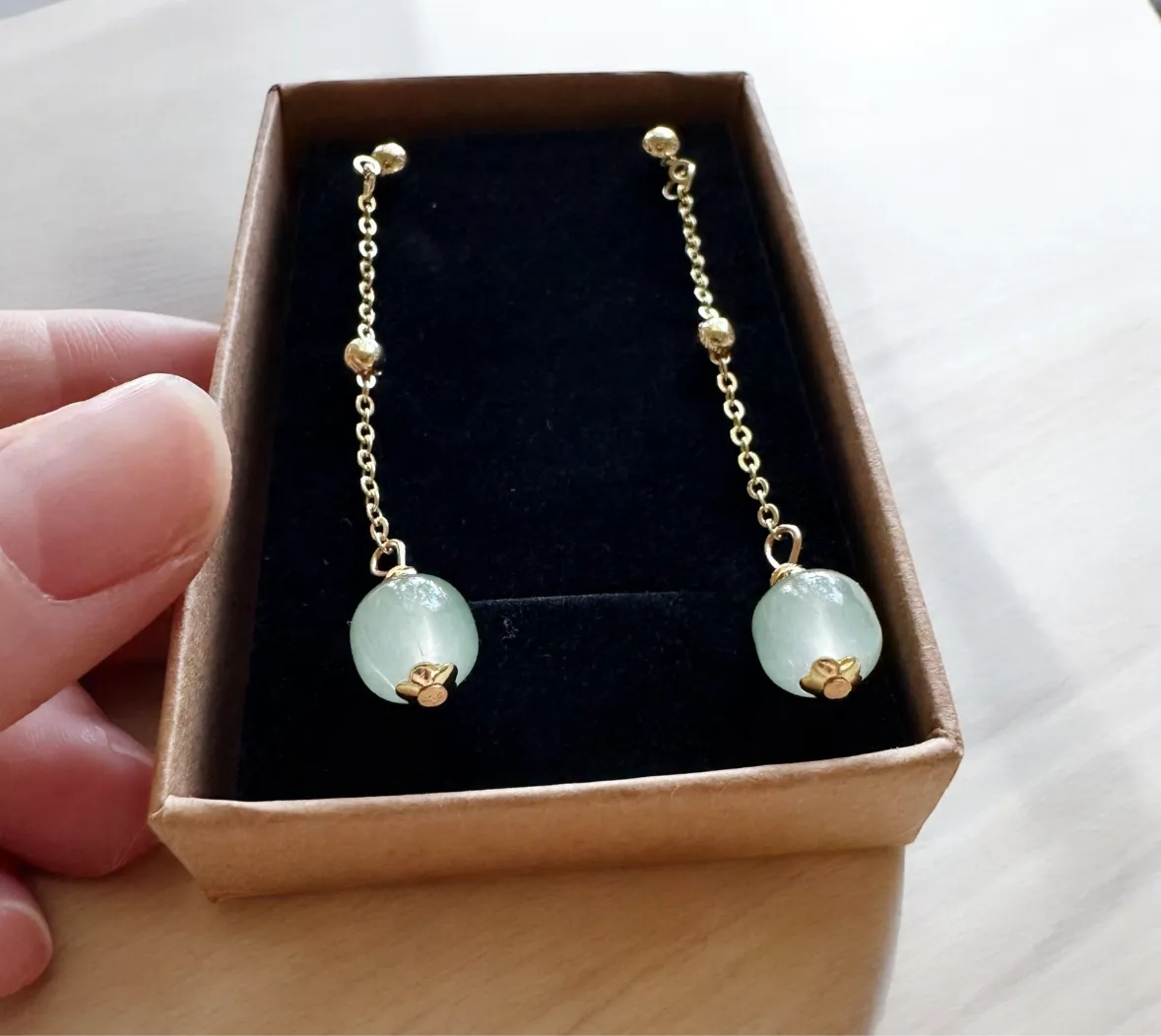 Minimalist - Gold statement earrings with pearl and stone |dangle pearl drop earrings | translucent green stone drop earrings | Korean dangly beads earrings