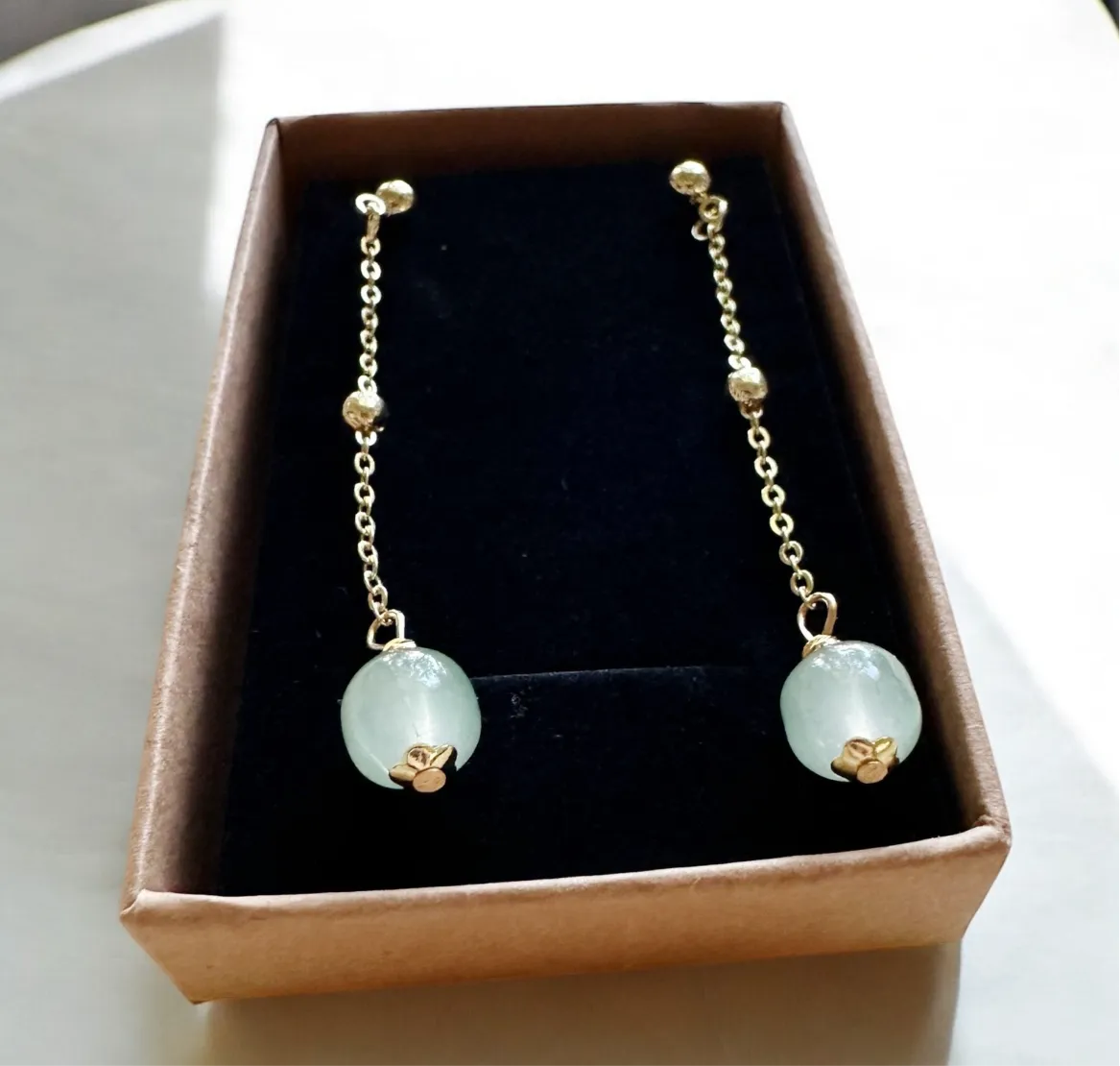 Minimalist - Gold statement earrings with pearl and stone |dangle pearl drop earrings | translucent green stone drop earrings | Korean dangly beads earrings