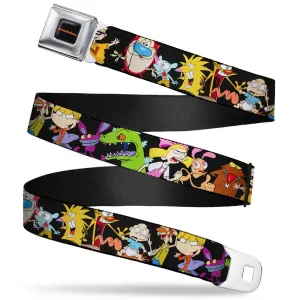 NICKELODEON Logo Full Color Black/Orange Seatbelt Belt - Nick 90's 13-Character Poses Black Webbing