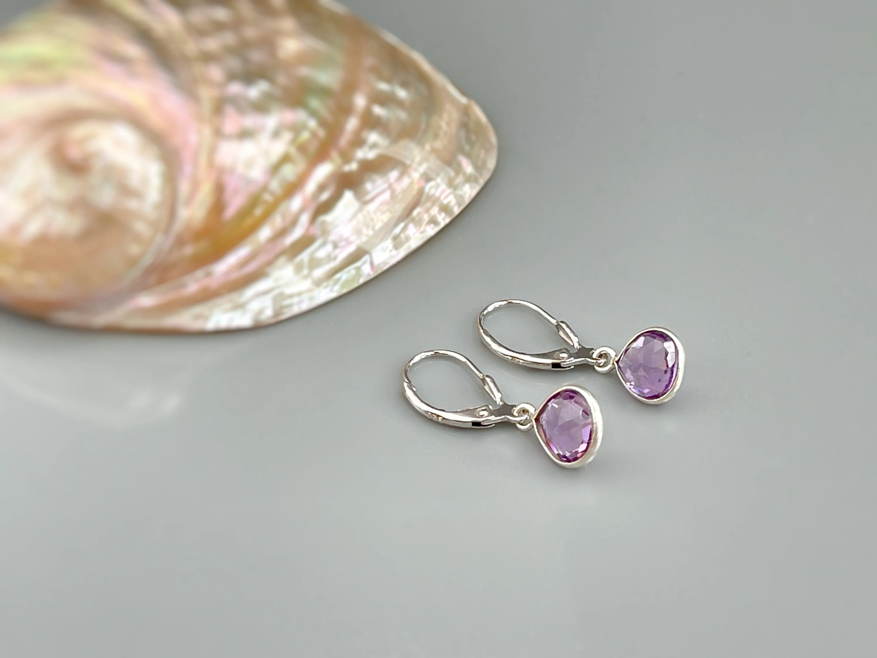 Pink Amethyst earrings bezel set silver