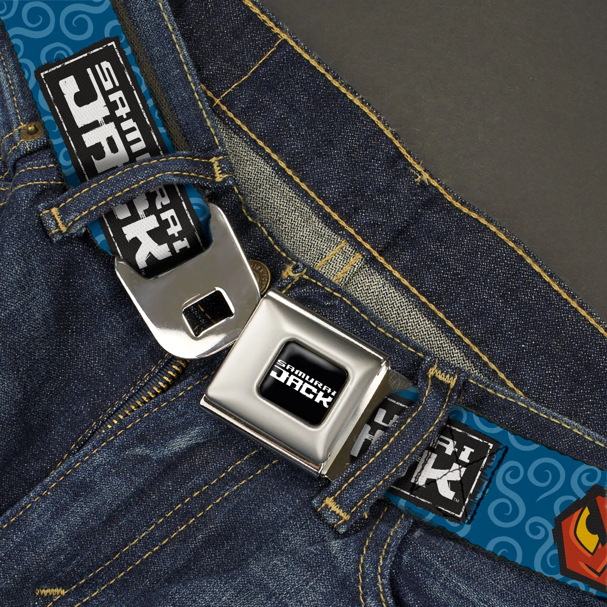SAMURAI JACK Title Logo Full Color Black/White Seatbelt Belt - SAMURAI JACK Title Logo and Icons with Swirl Blues Webbing