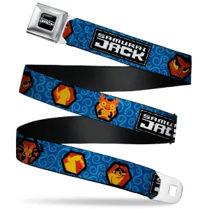 SAMURAI JACK Title Logo Full Color Black/White Seatbelt Belt - SAMURAI JACK Title Logo and Icons with Swirl Blues Webbing