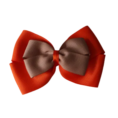 School Hair Accessories - Double Cherish Hair Bow 11cm - Autumn Orange Base & Centre Ribbon (24 colours top)