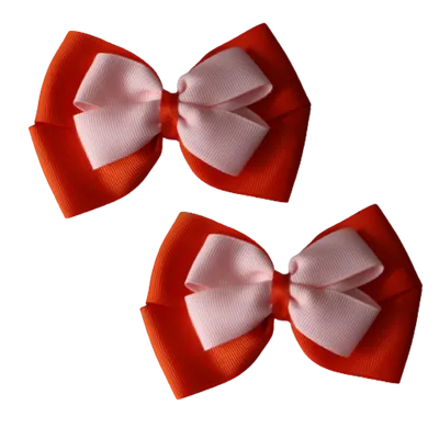 School Hair Accessories - Double Cherish Hair Bow 11cm - Autumn Orange Base & Centre Ribbon (24 colours top)