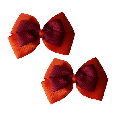 School Hair Accessories - Double Cherish Hair Bow 11cm - Autumn Orange Base & Centre Ribbon (24 colours top)