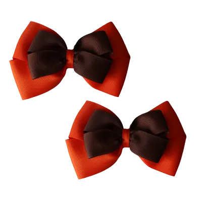 School Hair Accessories - Double Cherish Hair Bow 11cm - Autumn Orange Base & Centre Ribbon (24 colours top)