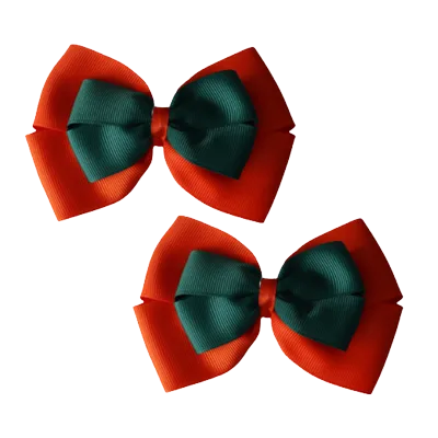 School Hair Accessories - Double Cherish Hair Bow 11cm - Autumn Orange Base & Centre Ribbon (24 colours top)