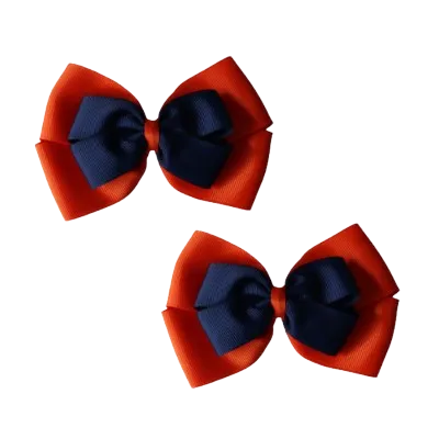 School Hair Accessories - Double Cherish Hair Bow 11cm - Autumn Orange Base & Centre Ribbon (24 colours top)