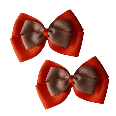 School Hair Accessories - Double Cherish Hair Bow 11cm - Autumn Orange Base & Centre Ribbon (24 colours top)