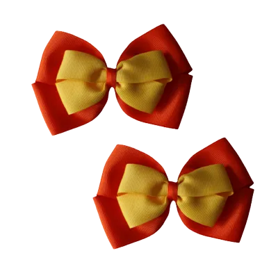 School Hair Accessories - Double Cherish Hair Bow 11cm - Autumn Orange Base & Centre Ribbon (24 colours top)