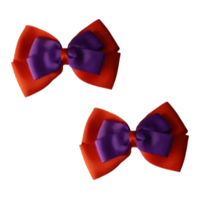 School Hair Accessories - Double Cherish Hair Bow 11cm - Autumn Orange Base & Centre Ribbon (24 colours top)